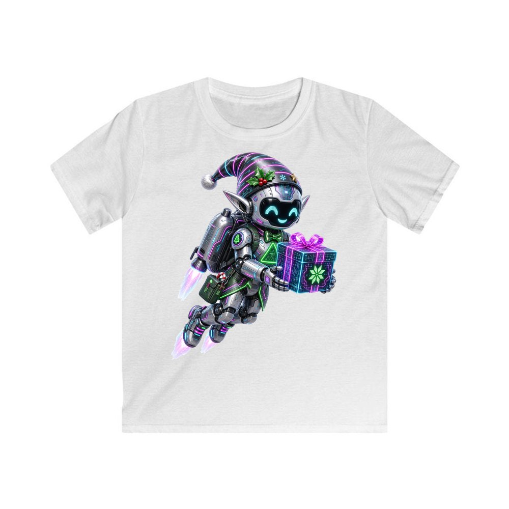 Robot Elf Airborne personalised kids Christmas tee in white