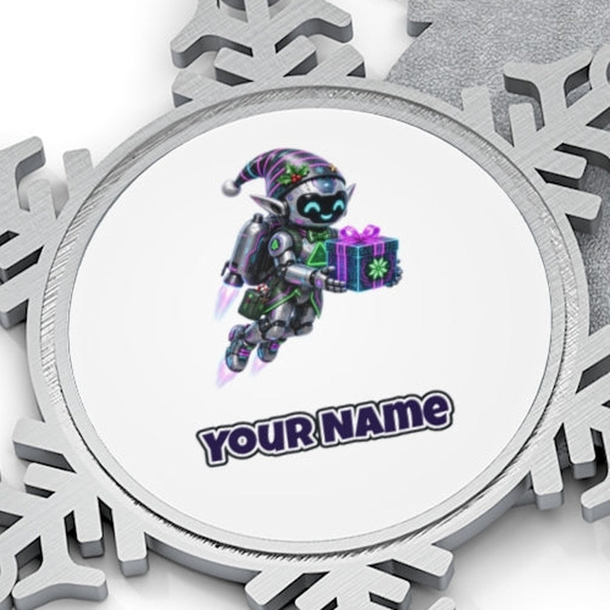 Robot Elf Airborne Personalised Pewter Christmas Ornament