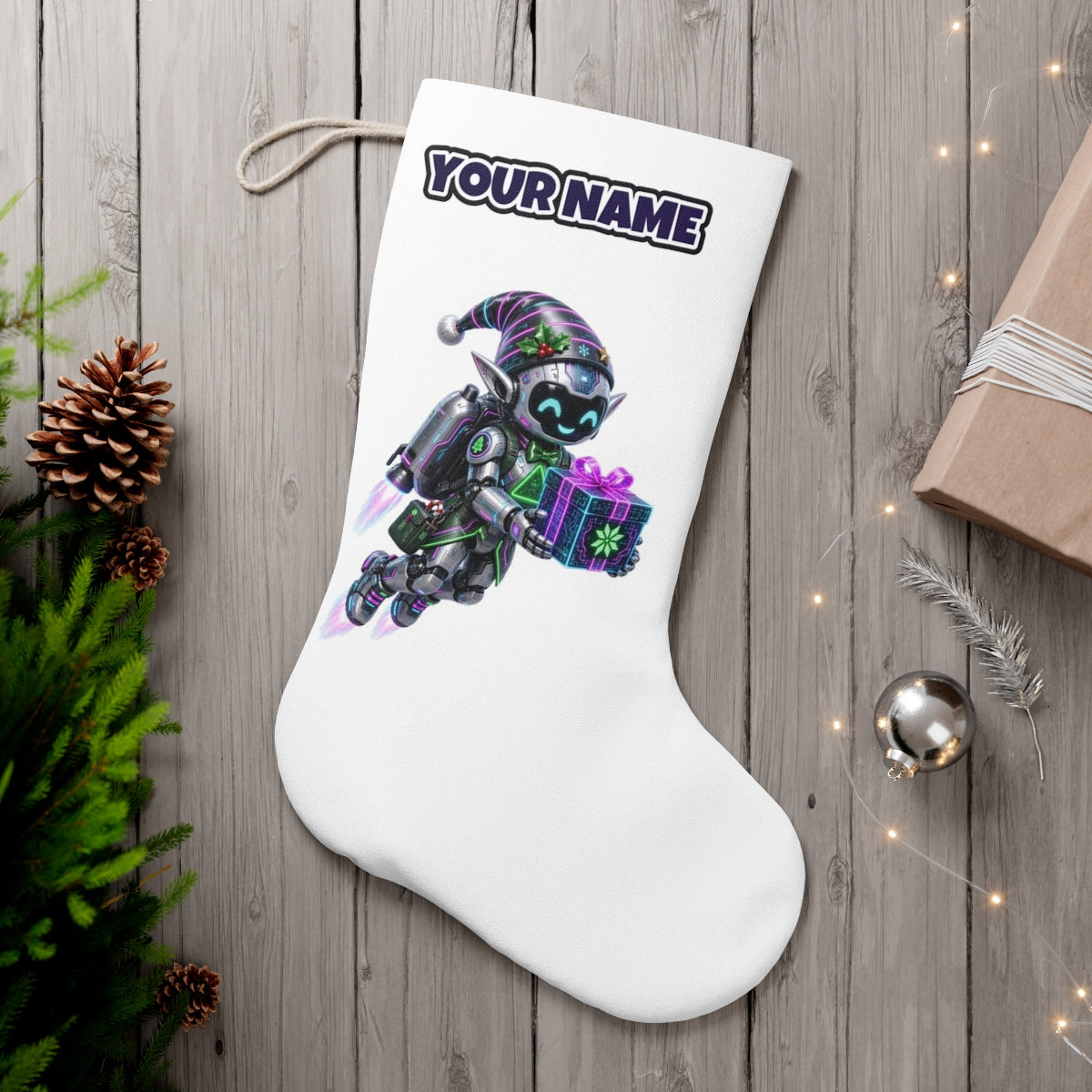 Robot Elf Airborne personalised Christmas stocking, white, with the name across the top