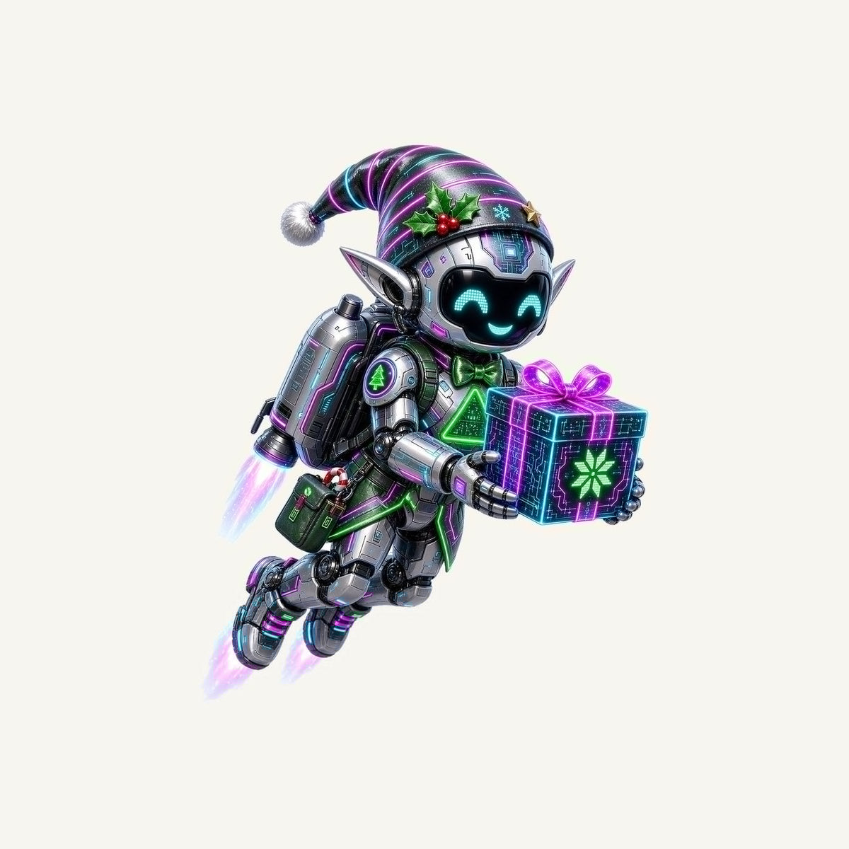 Robot Elf Airborne Christmas artwork, the design printed on the personalised stocking