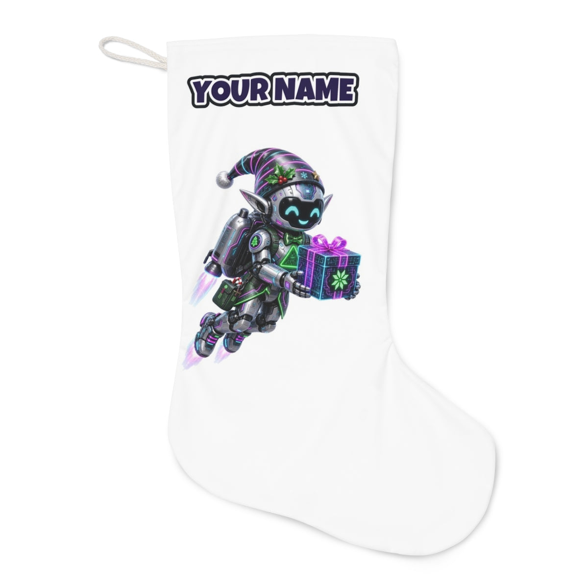 Robot Elf Airborne Christmas stocking laid flat, showing the full print