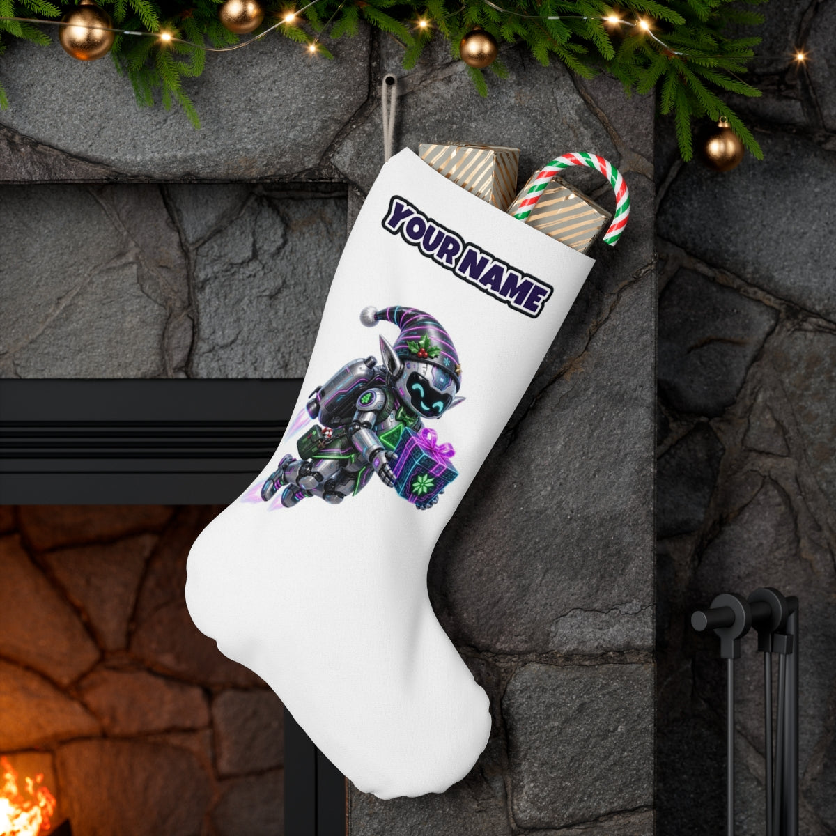 Robot Elf Airborne personalised Christmas stocking hanging on a mantel