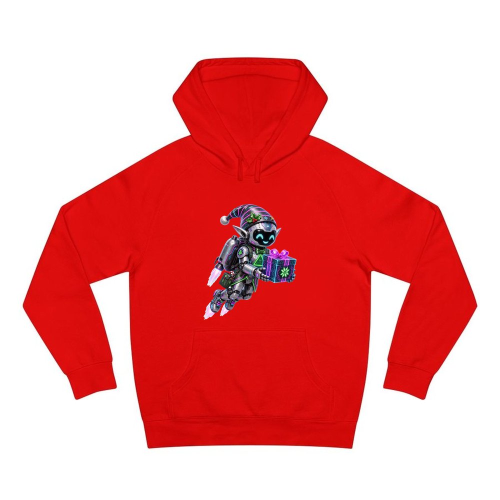 Robot Elf Airborne personalised Christmas hoodie in red
