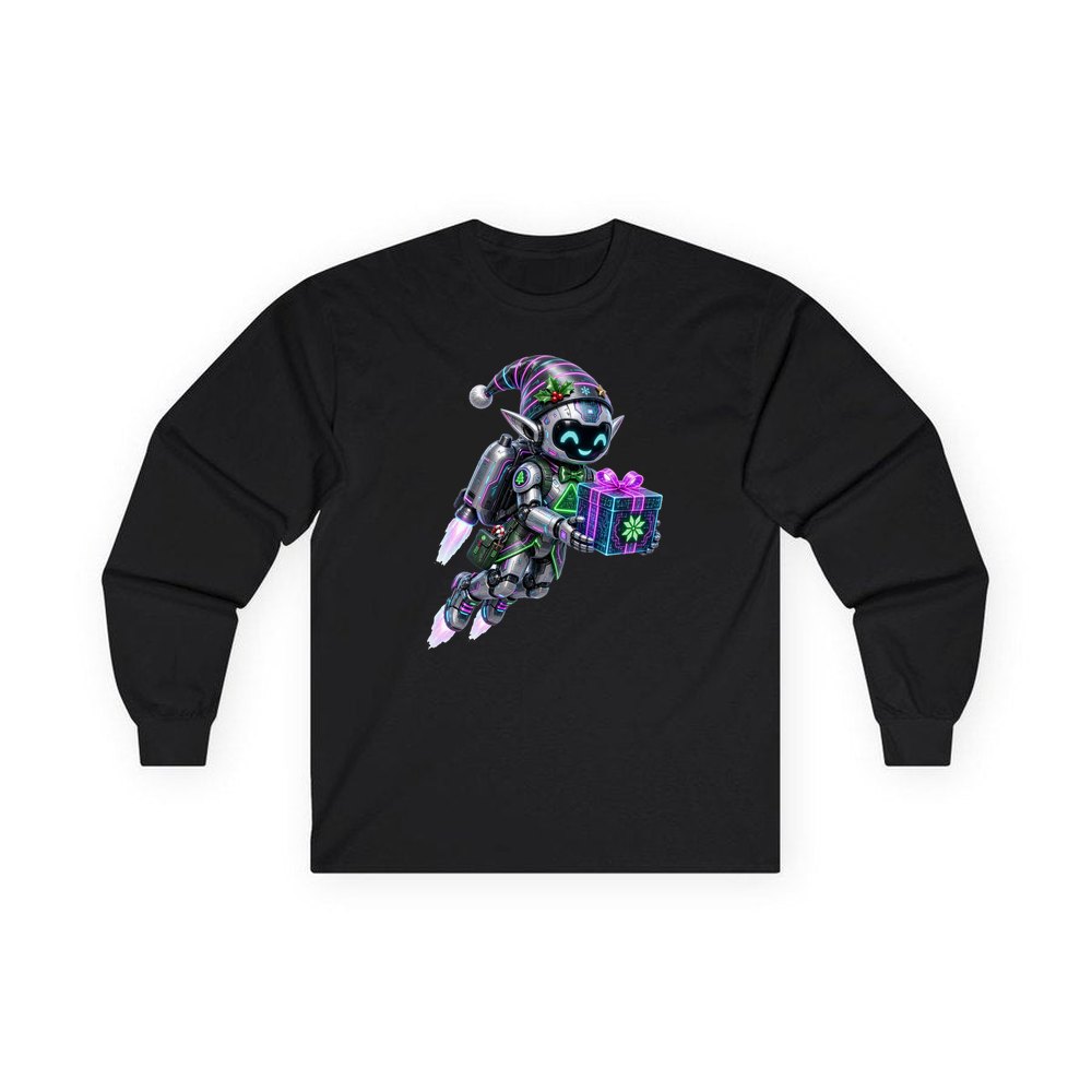 Robot Elf Airborne personalised long sleeve Christmas T-shirt in black