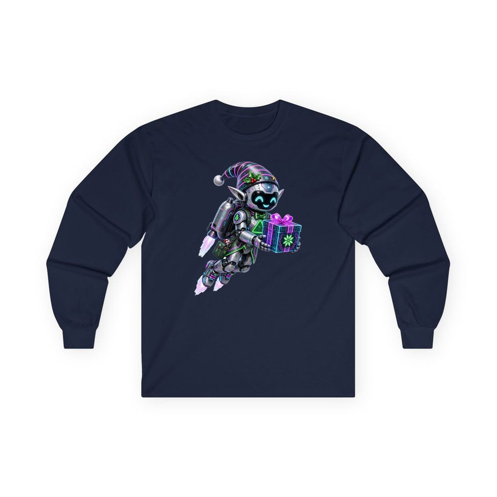Robot Elf Airborne personalised long sleeve Christmas T-shirt in navy
