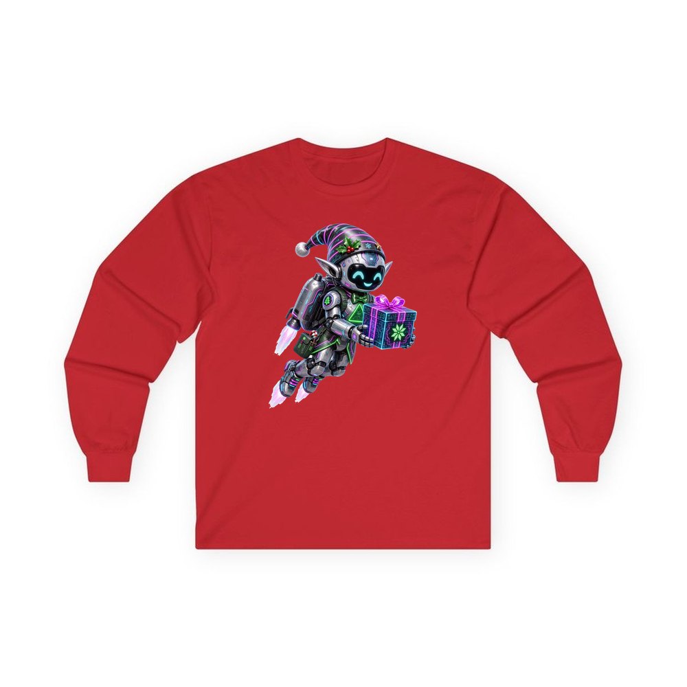 Robot Elf Airborne personalised long sleeve Christmas T-shirt in red