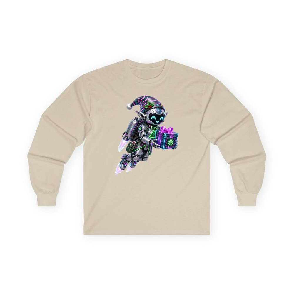 Robot Elf Airborne personalised long sleeve Christmas T-shirt in sand
