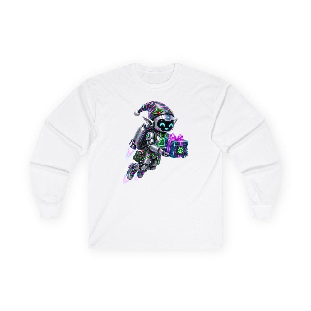 Robot Elf Airborne personalised long sleeve Christmas T-shirt in white