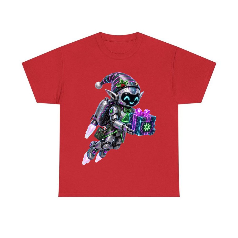 Robot Elf Airborne personalised Christmas T-shirt in red