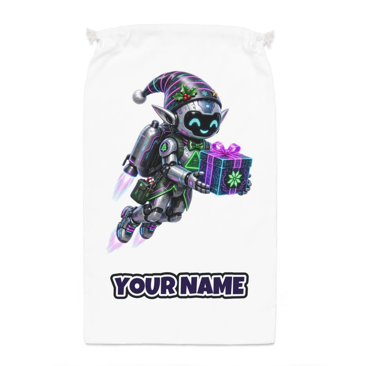 Robot Elf Airborne Santa sack laid flat, showing the full print