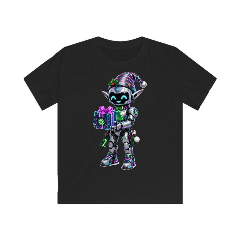 Robot Elf and the Holographic Gift personalised kids Christmas tee in black