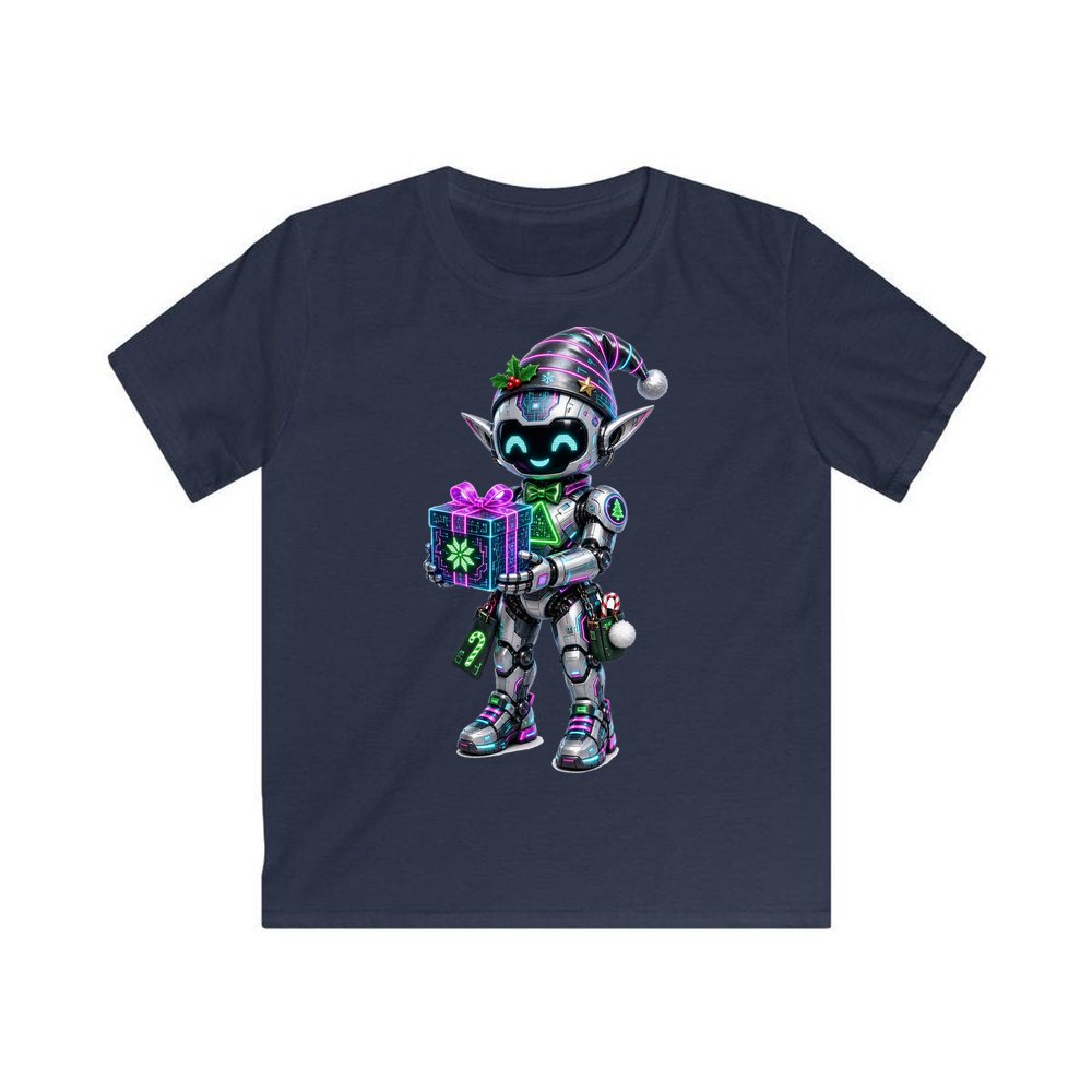 Robot Elf and the Holographic Gift personalised kids Christmas tee in navy