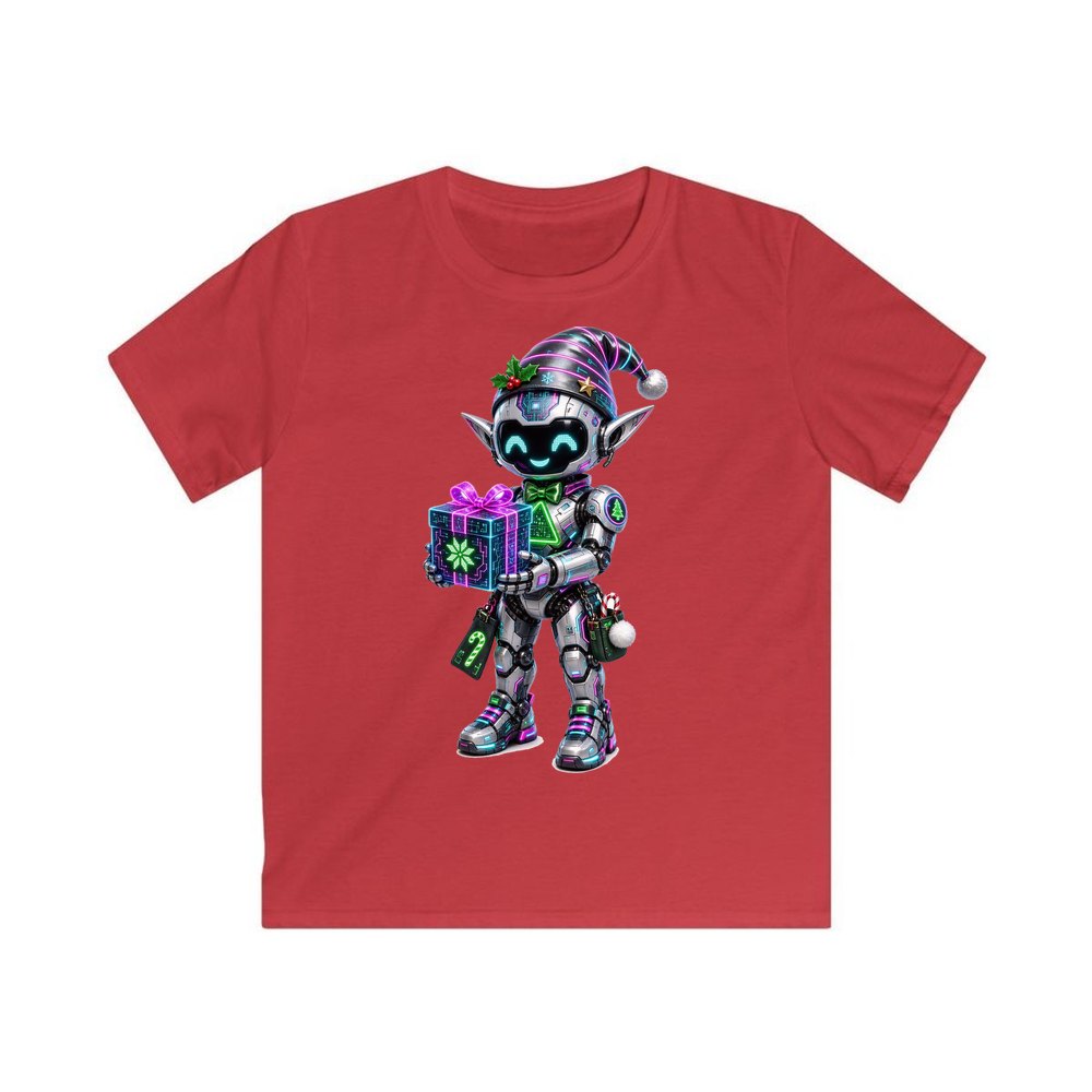 Robot Elf and the Holographic Gift personalised kids Christmas tee in red