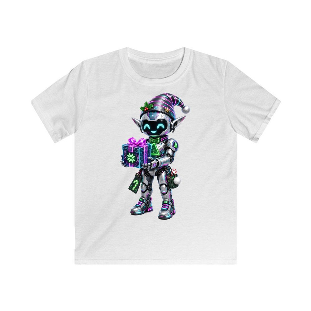 Robot Elf and the Holographic Gift personalised kids Christmas tee in white
