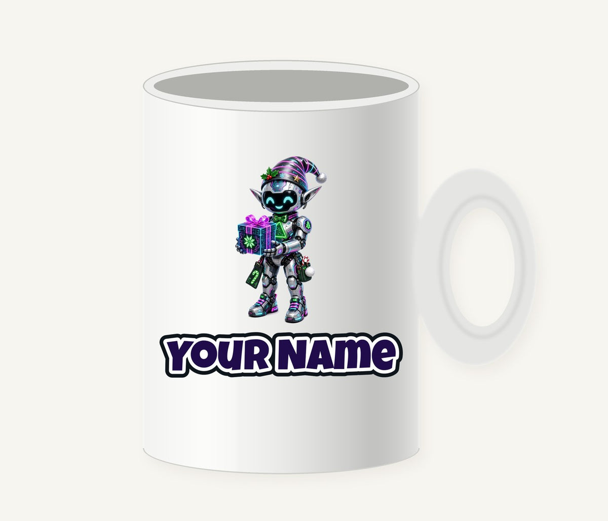 Robot Elf and the Holographic Gift Personalised Christmas Mug