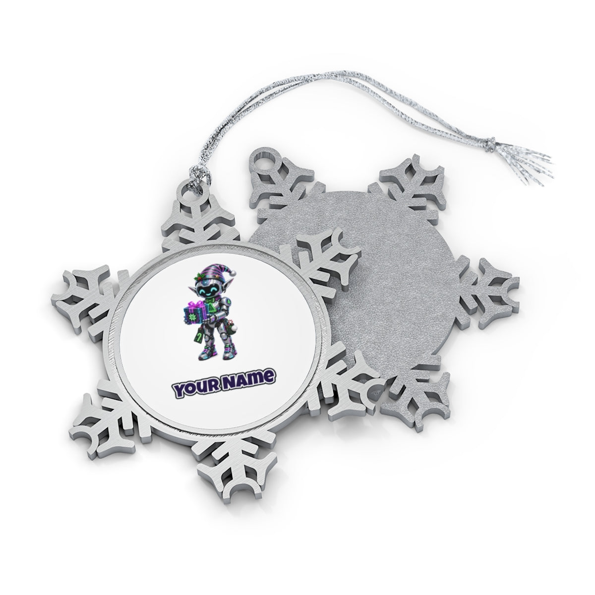 Robot Elf and the Holographic Gift personalised pewter snowflake Christmas ornament, front and back, with a name under the design