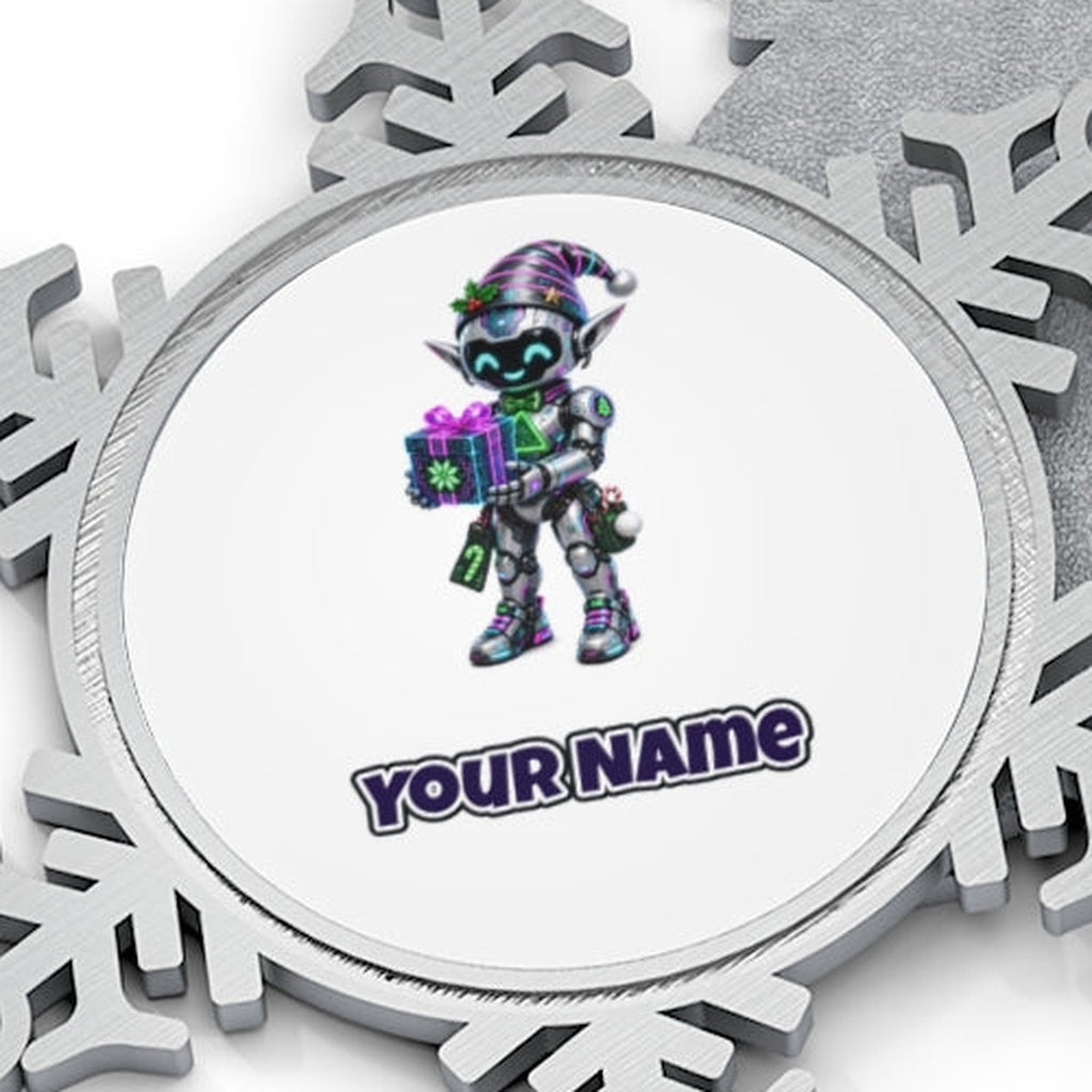 Robot Elf and the Holographic Gift Personalised Pewter Christmas Ornament