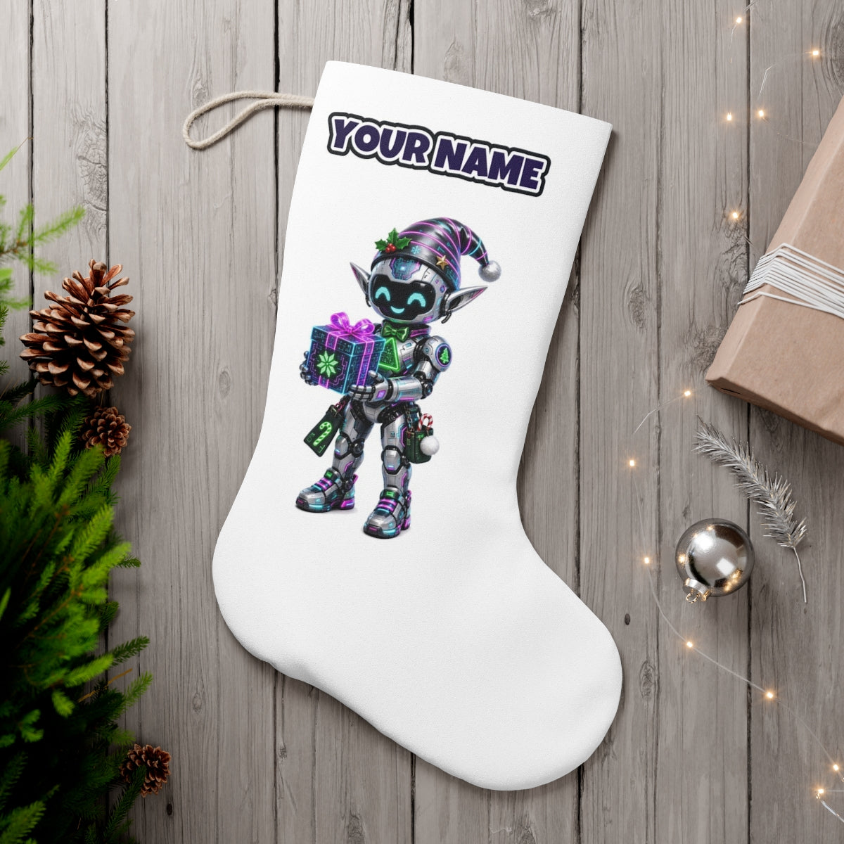 Robot Elf and the Holographic Gift personalised Christmas stocking, white, with the name across the top
