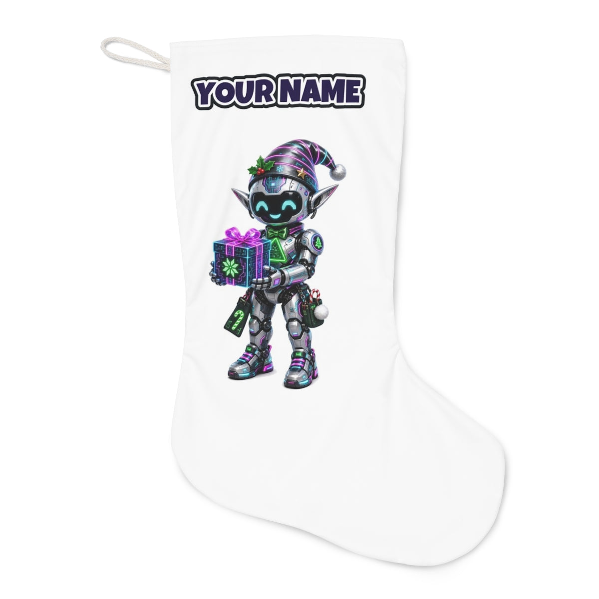 Robot Elf and the Holographic Gift Christmas stocking laid flat, showing the full print