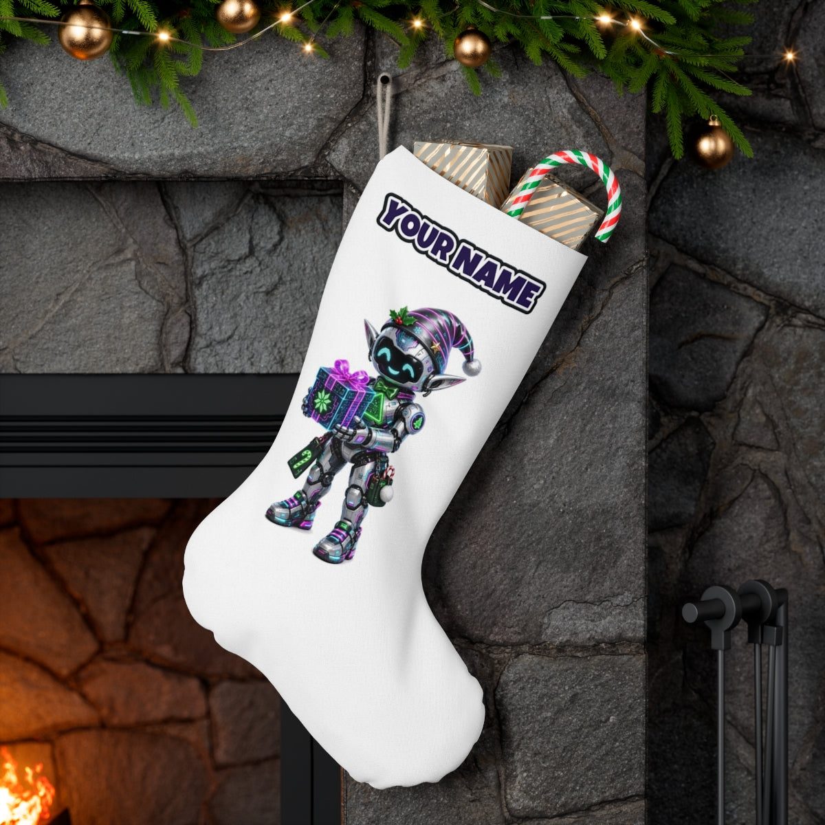 Robot Elf and the Holographic Gift personalised Christmas stocking hanging on a mantel