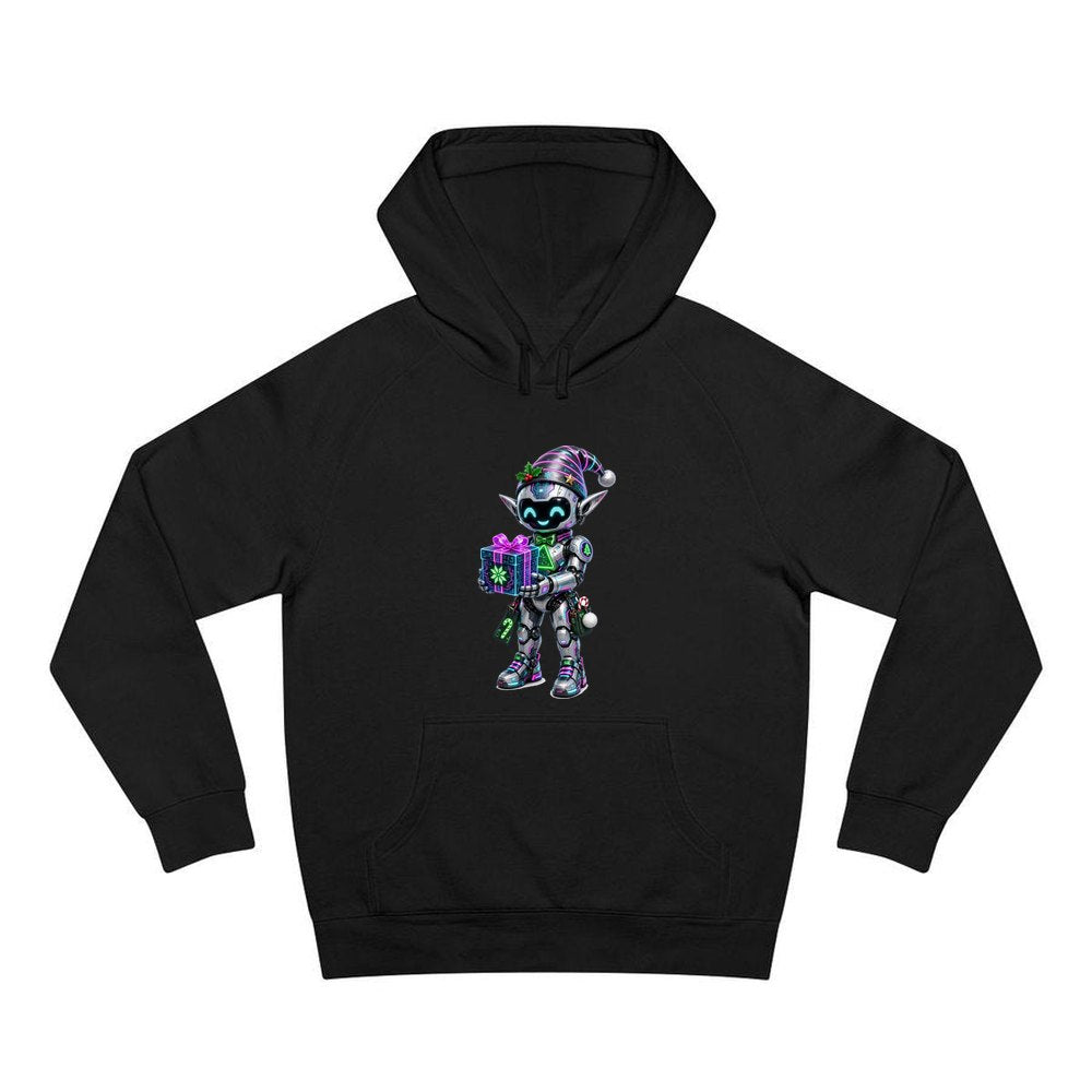 Robot Elf and the Holographic Gift personalised Christmas hoodie in black