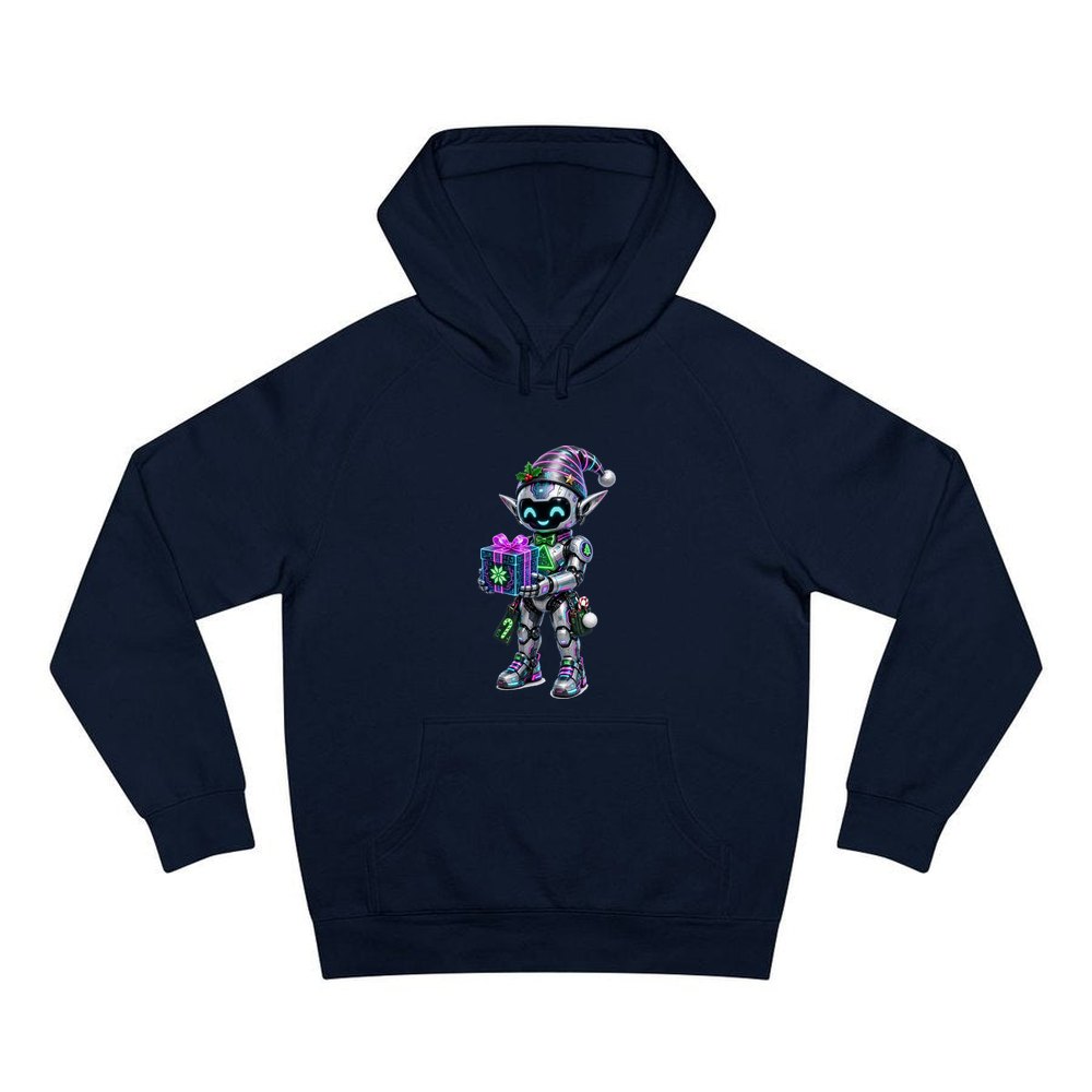 Robot Elf and the Holographic Gift personalised Christmas hoodie in navy