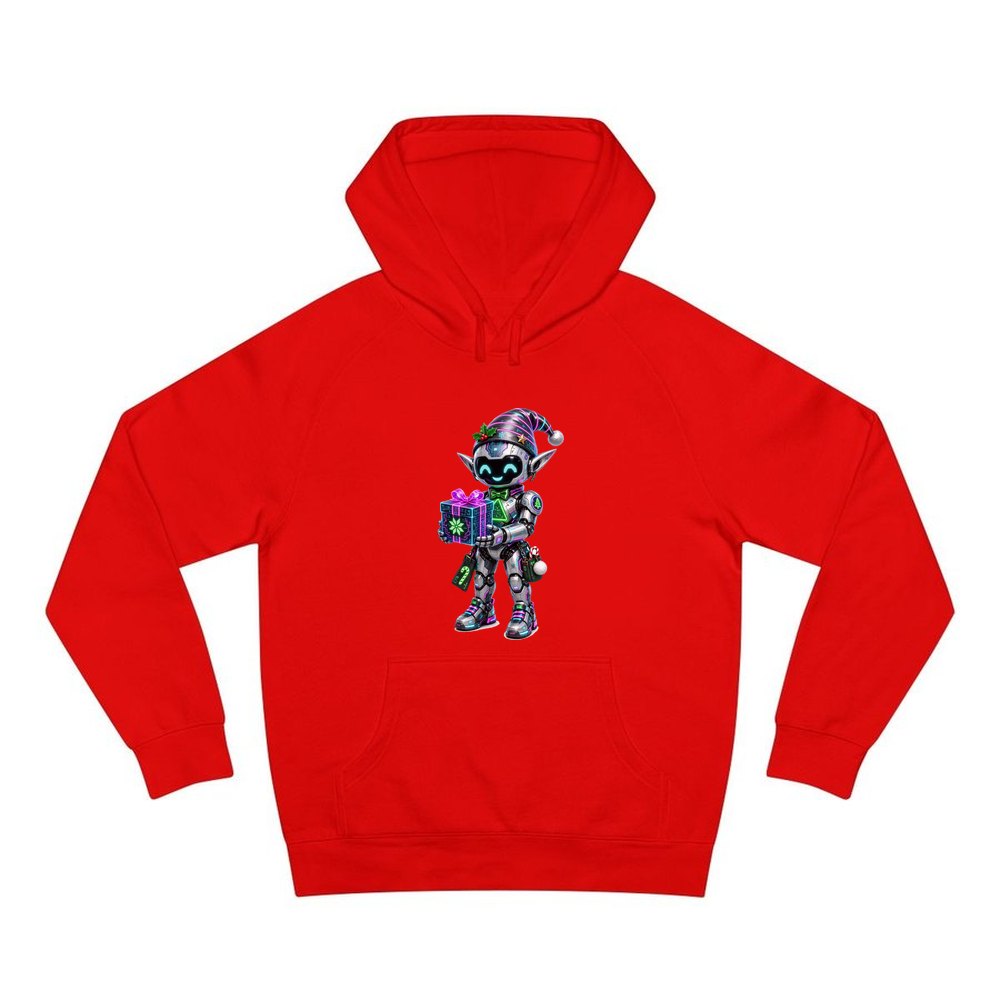 Robot Elf and the Holographic Gift personalised Christmas hoodie in red
