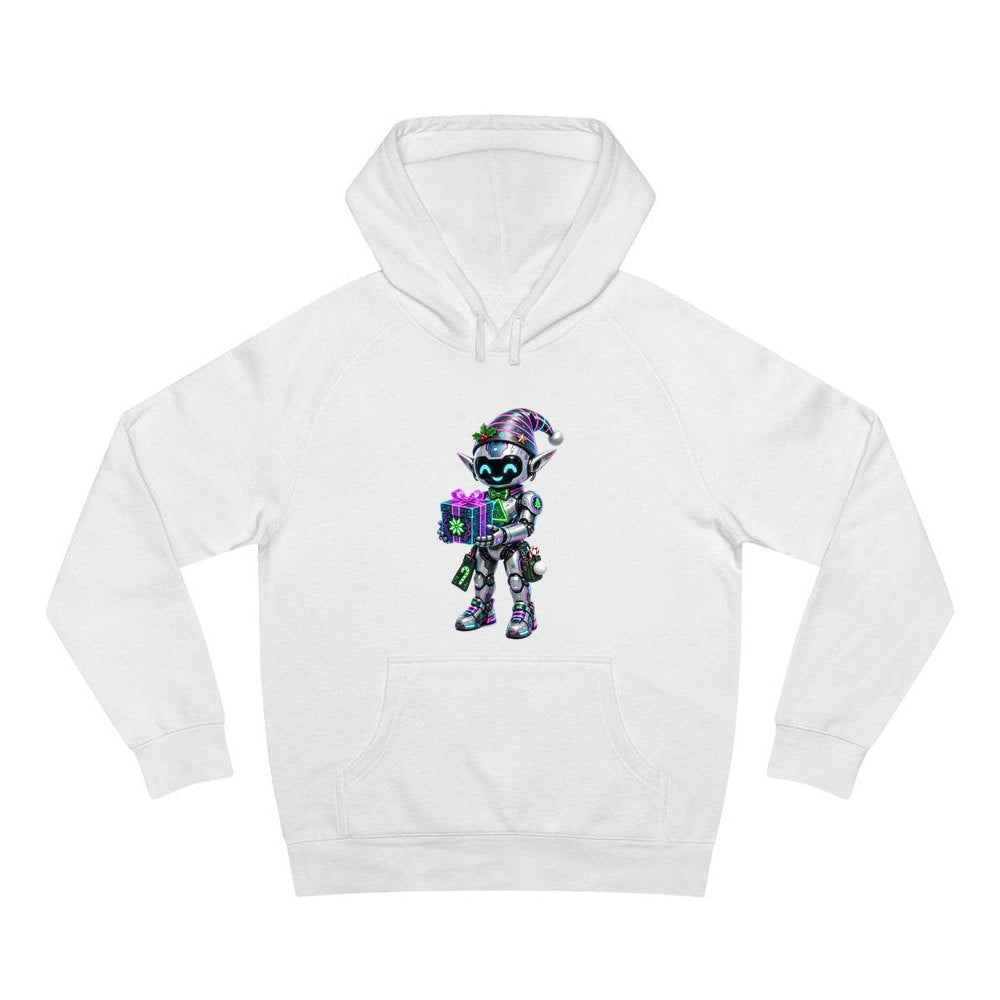 Robot Elf and the Holographic Gift personalised Christmas hoodie in white
