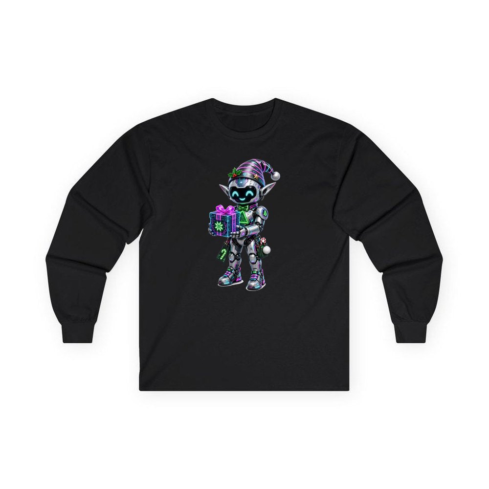 Robot Elf and the Holographic Gift personalised long sleeve Christmas T-shirt in black