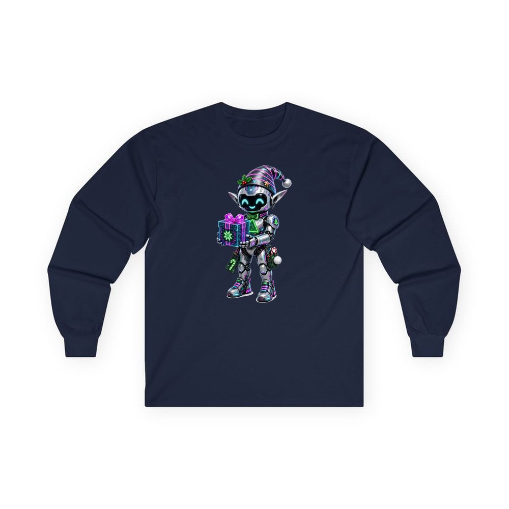 Robot Elf and the Holographic Gift personalised long sleeve Christmas T-shirt in navy