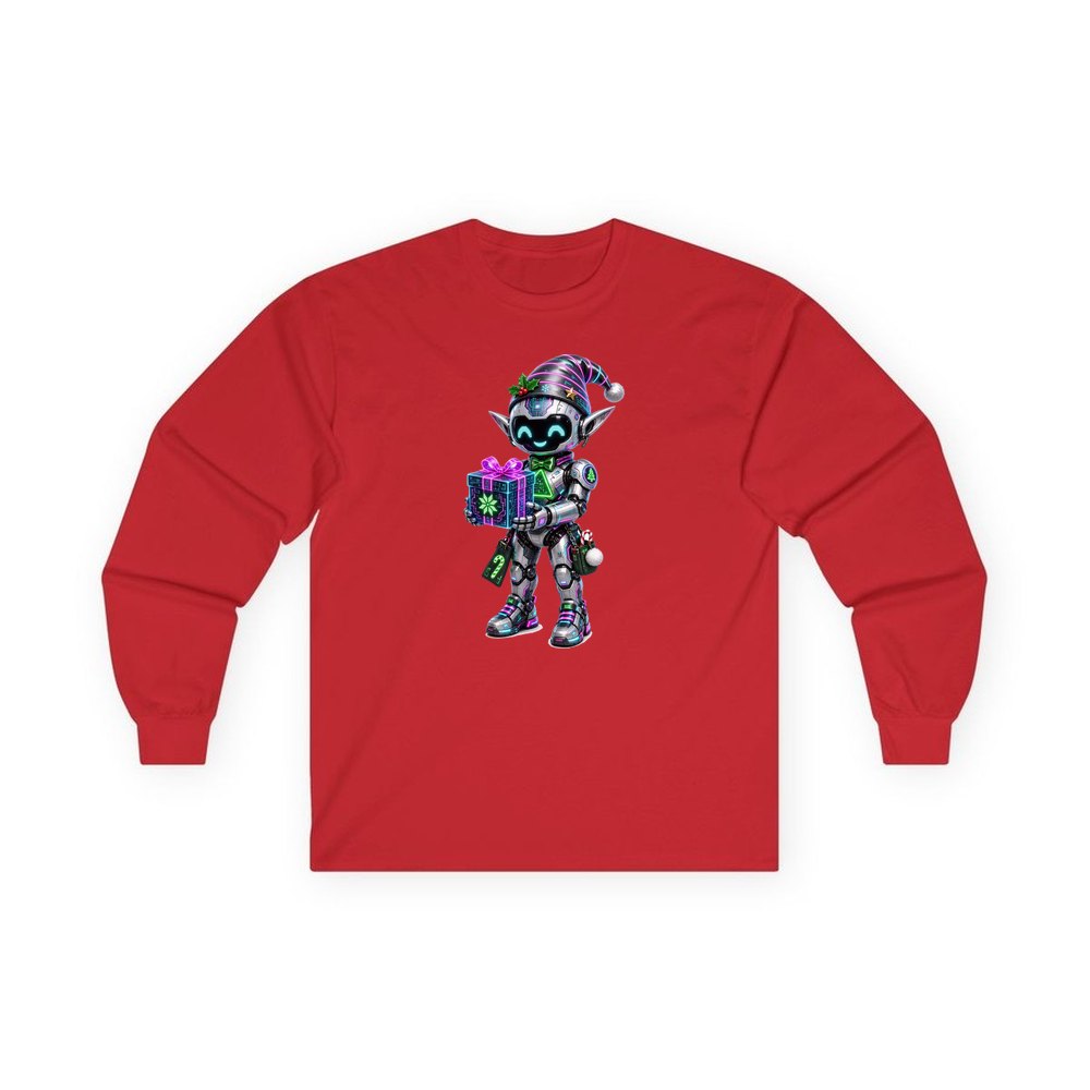 Robot Elf and the Holographic Gift personalised long sleeve Christmas T-shirt in red