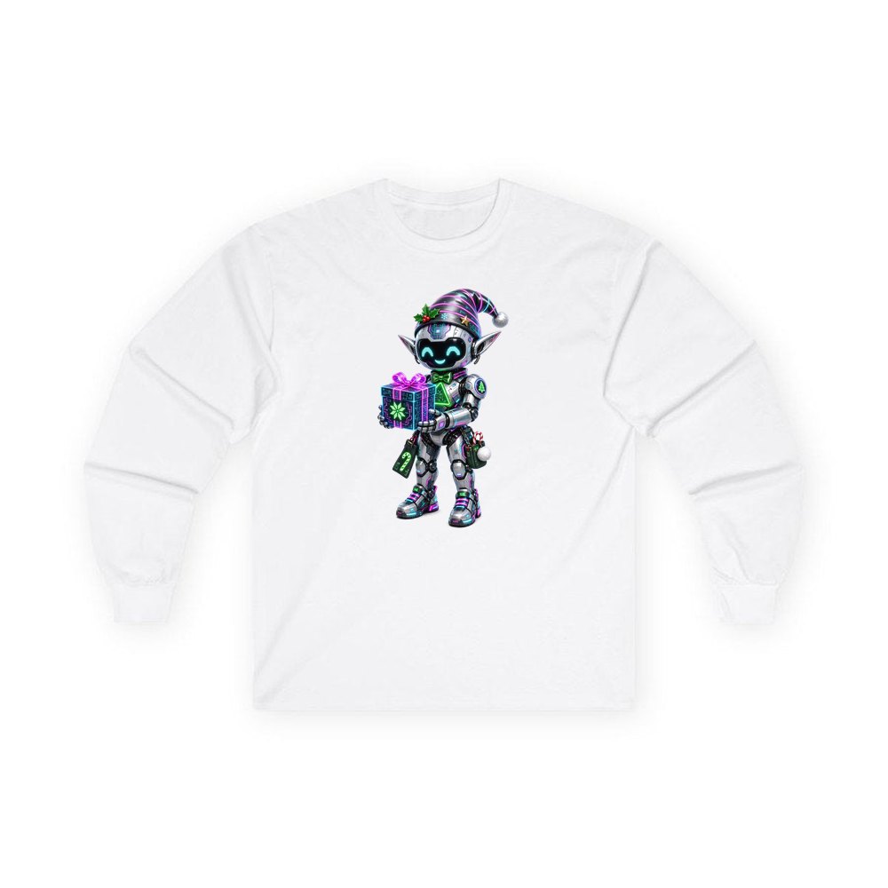 Robot Elf and the Holographic Gift personalised long sleeve Christmas T-shirt in white