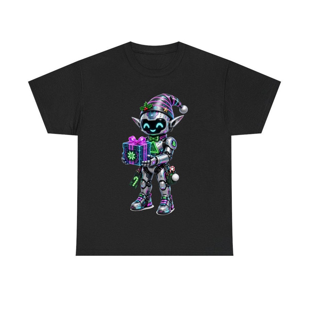 Robot Elf and the Holographic Gift personalised Christmas T-shirt in black