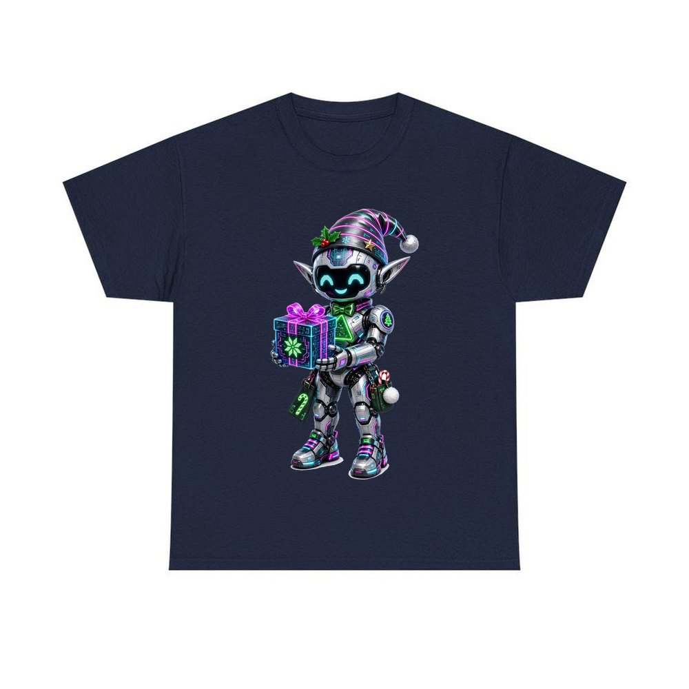 Robot Elf and the Holographic Gift personalised Christmas T-shirt in navy