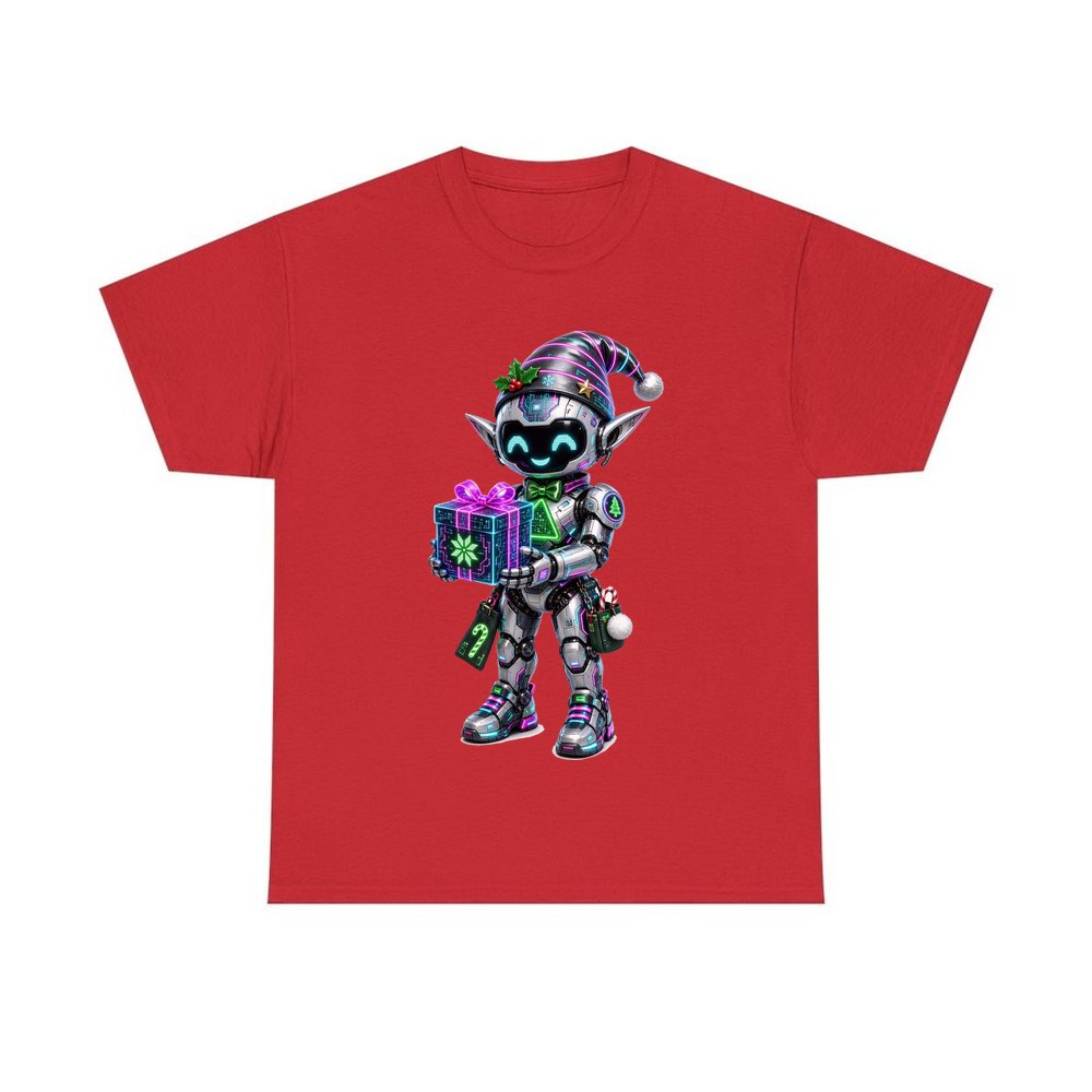 Robot Elf and the Holographic Gift personalised Christmas T-shirt in red
