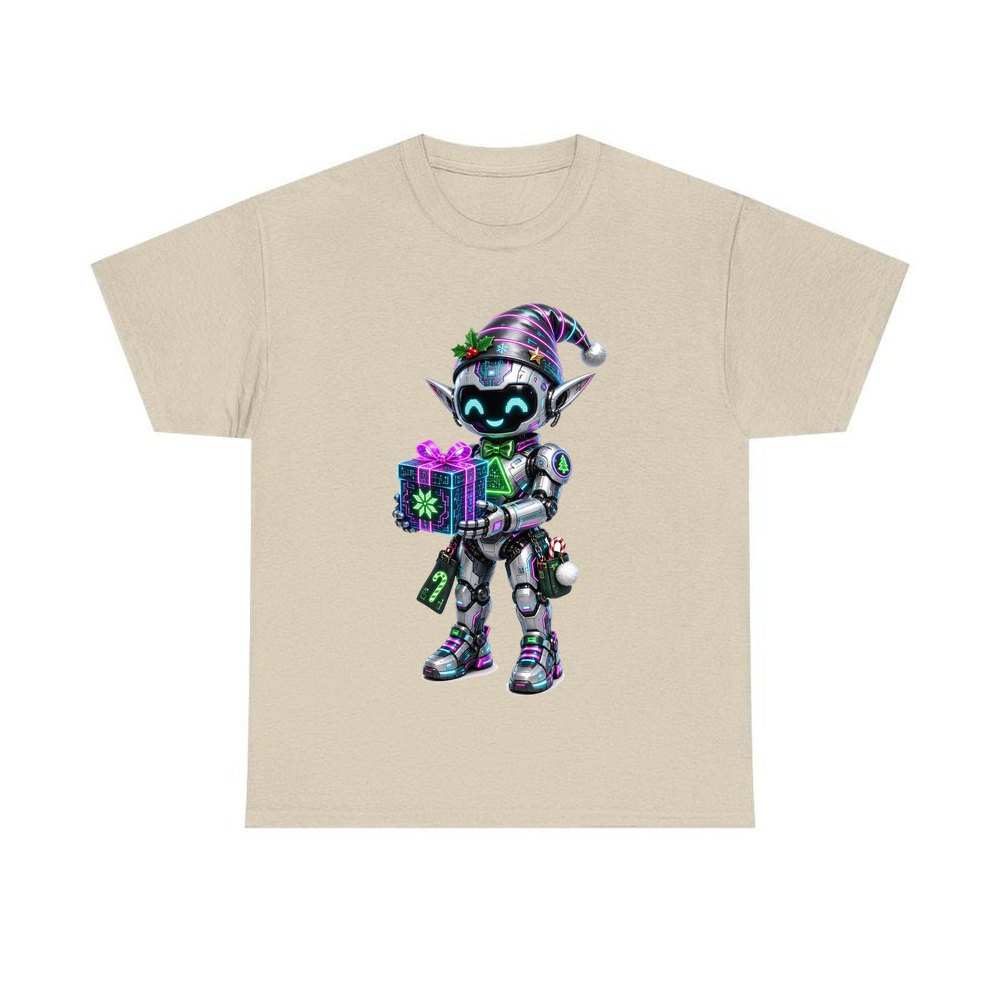 Robot Elf and the Holographic Gift personalised Christmas T-shirt in sand