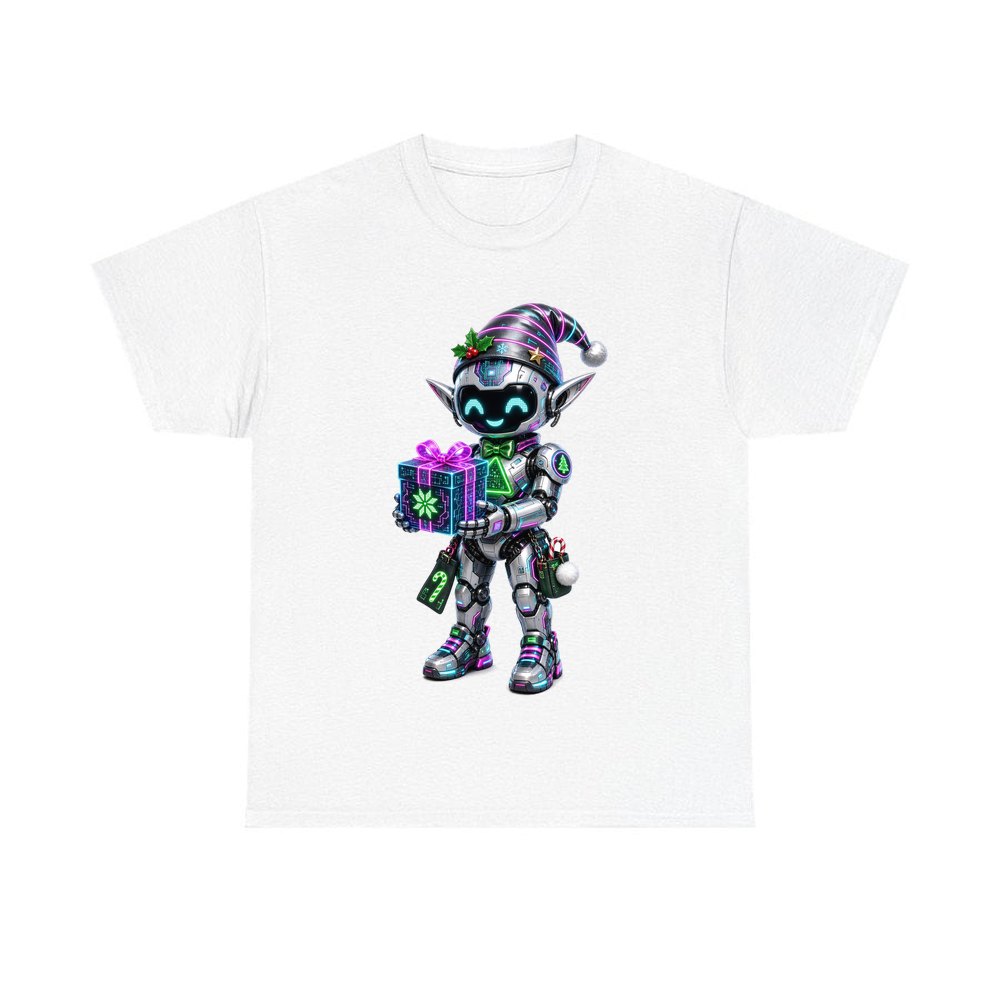 Robot Elf and the Holographic Gift personalised Christmas T-shirt in white