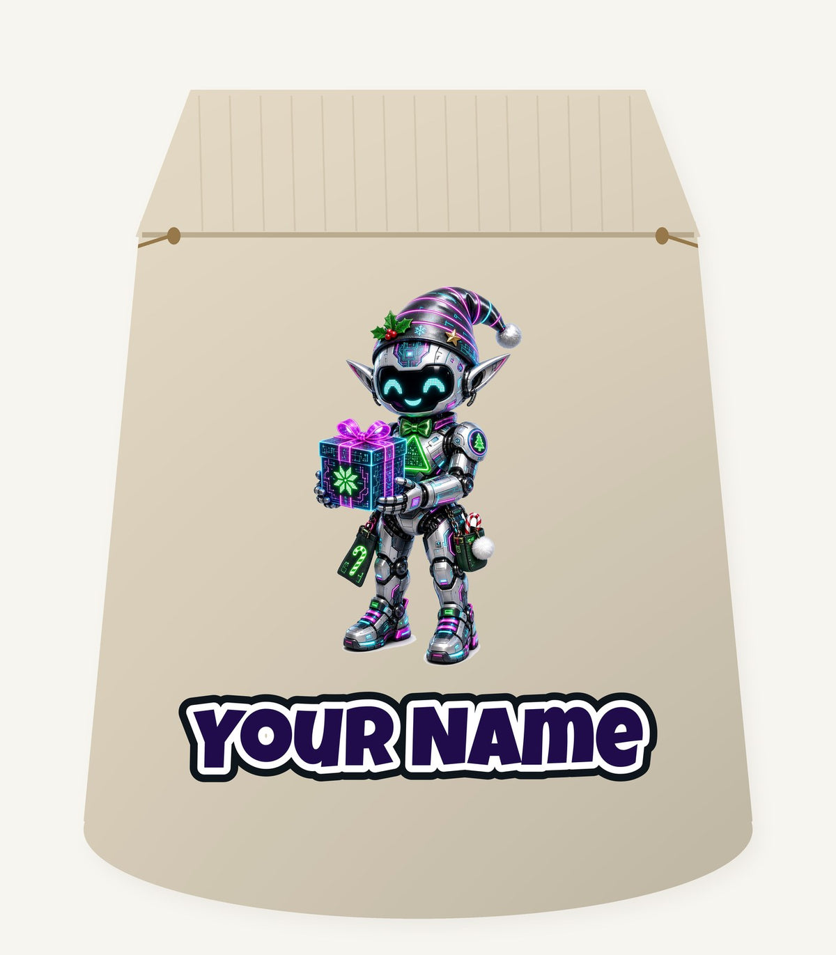Robot Elf and the Holographic Gift Personalised Santa Sack
