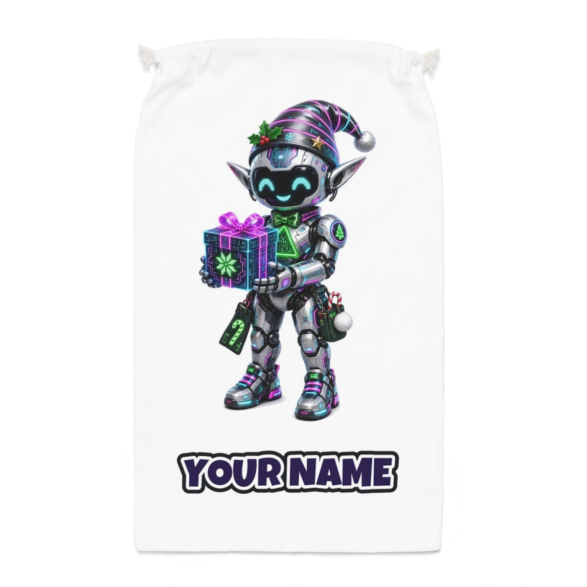 Robot Elf and the Holographic Gift Santa sack laid flat, showing the full print