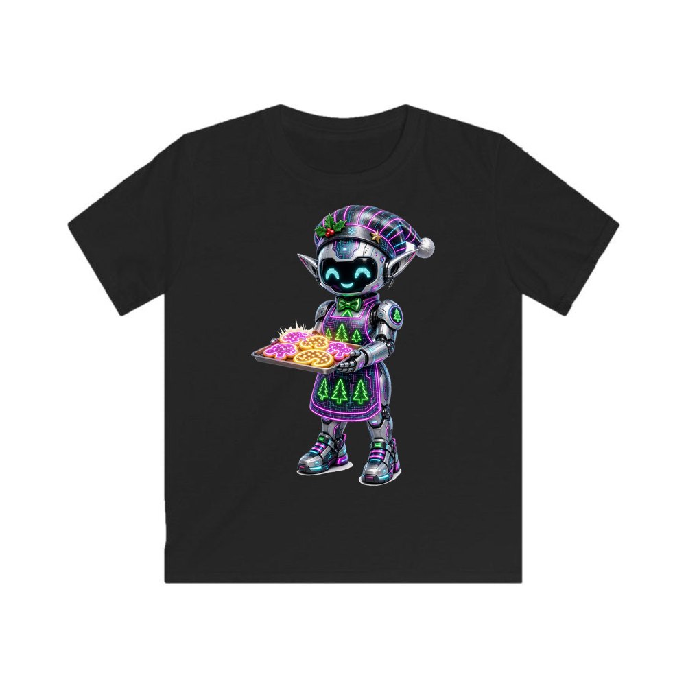 Robot Elf Baking personalised kids Christmas tee in black