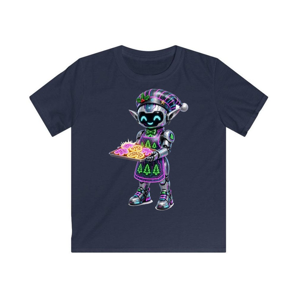Robot Elf Baking personalised kids Christmas tee in navy