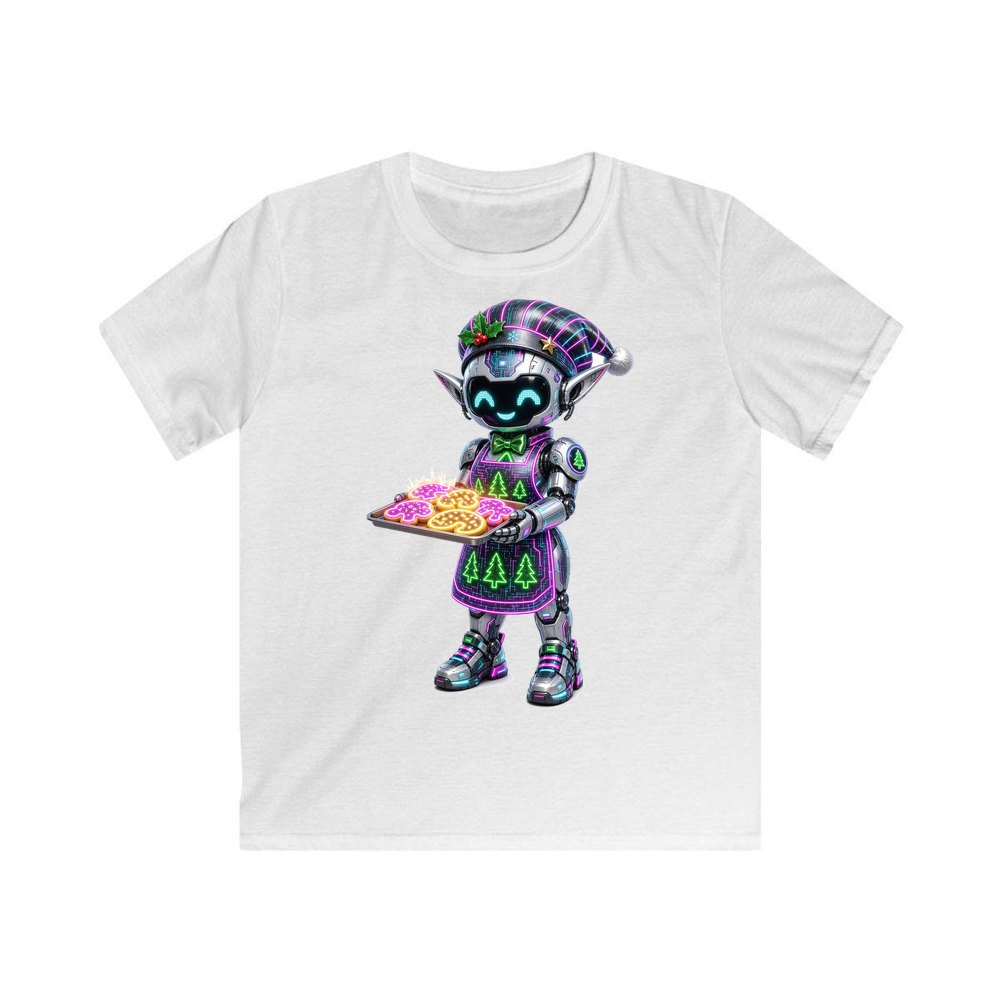 Robot Elf Baking personalised kids Christmas tee in white