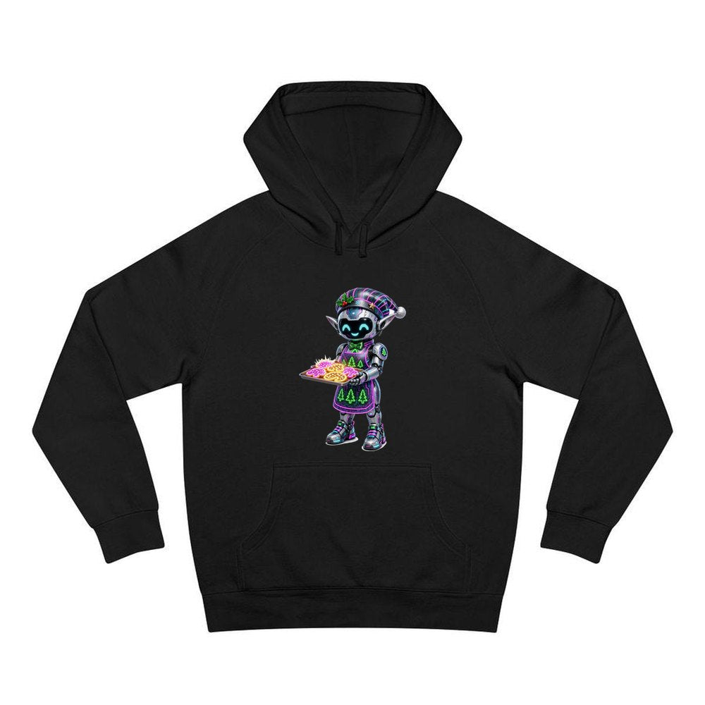 Robot Elf Baking personalised Christmas hoodie in black