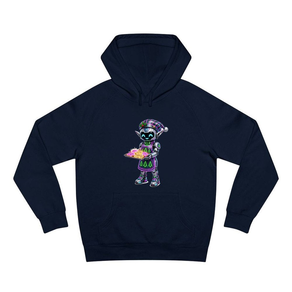 Robot Elf Baking personalised Christmas hoodie in navy