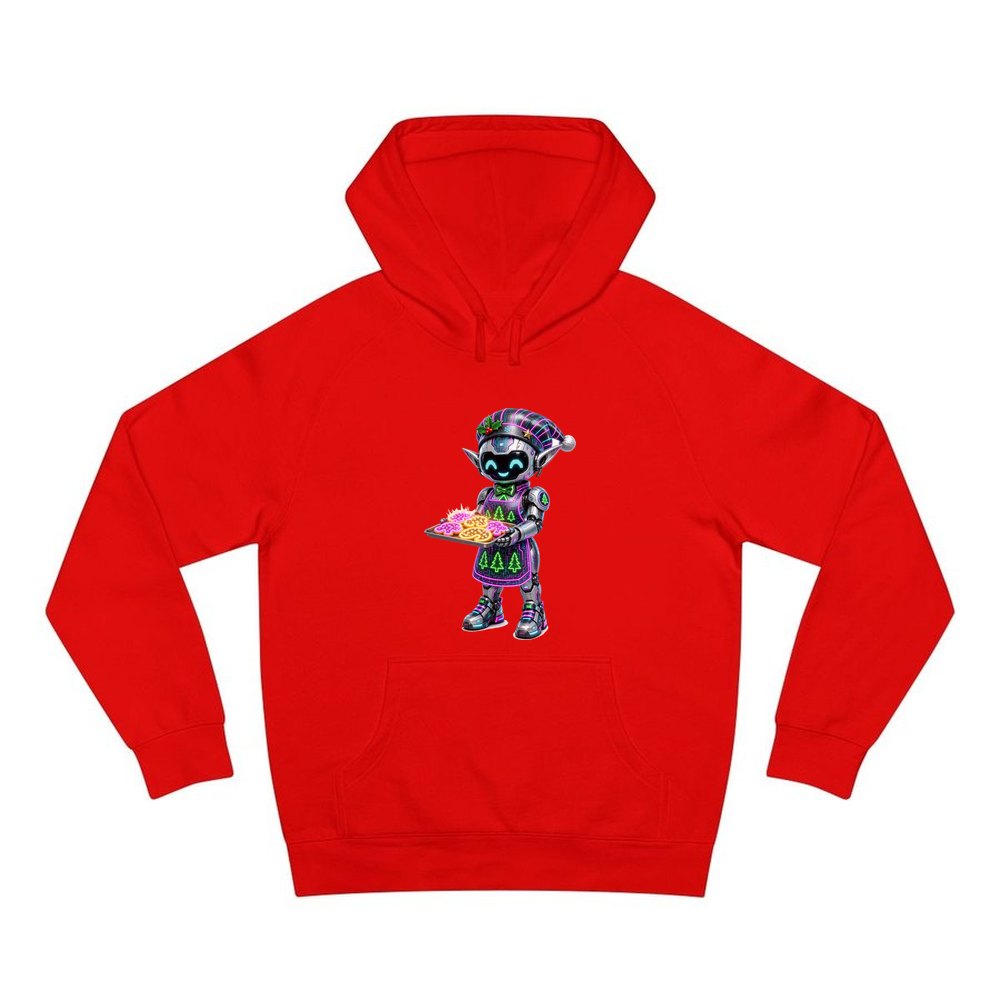 Robot Elf Baking personalised Christmas hoodie in red