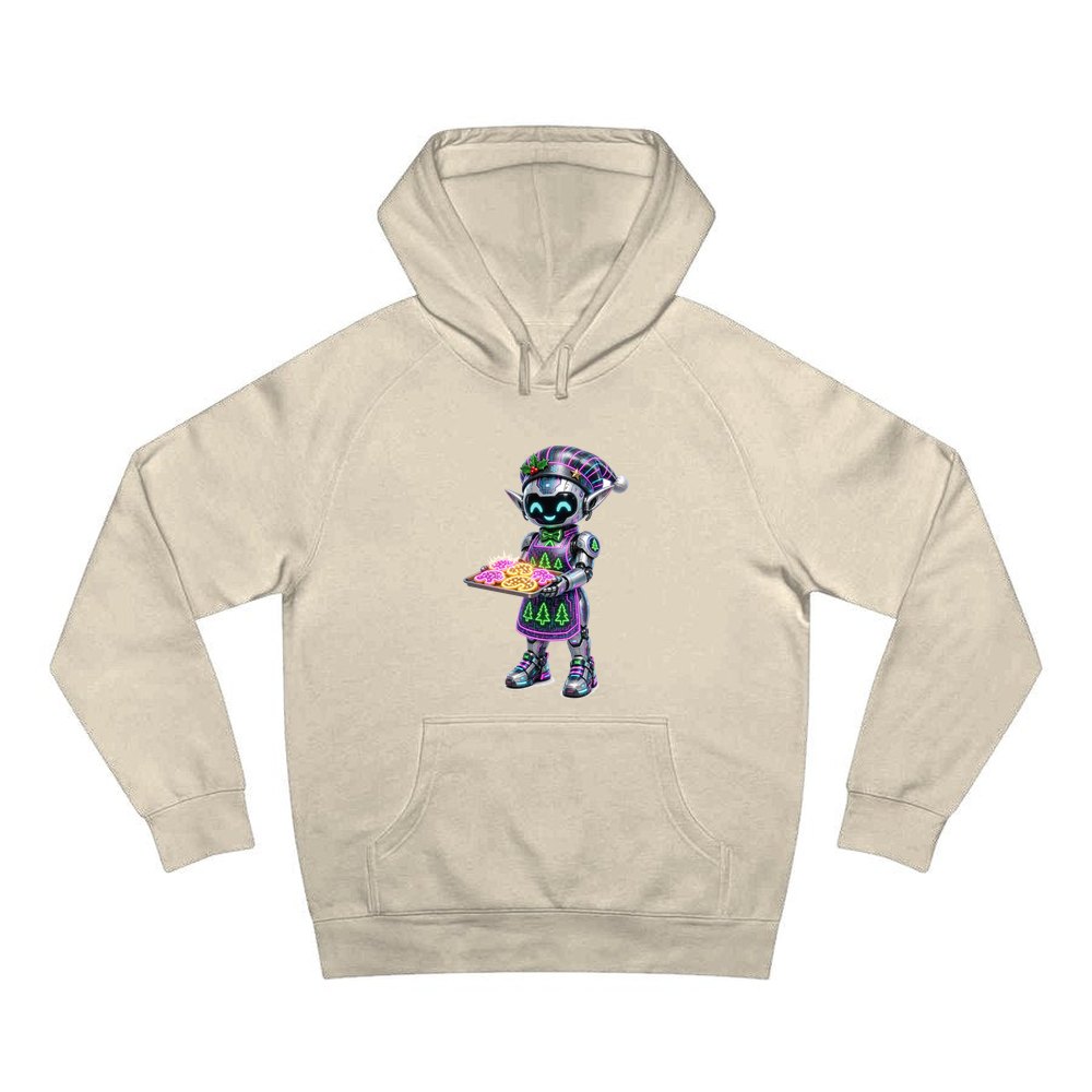 Robot Elf Baking personalised Christmas hoodie in sand