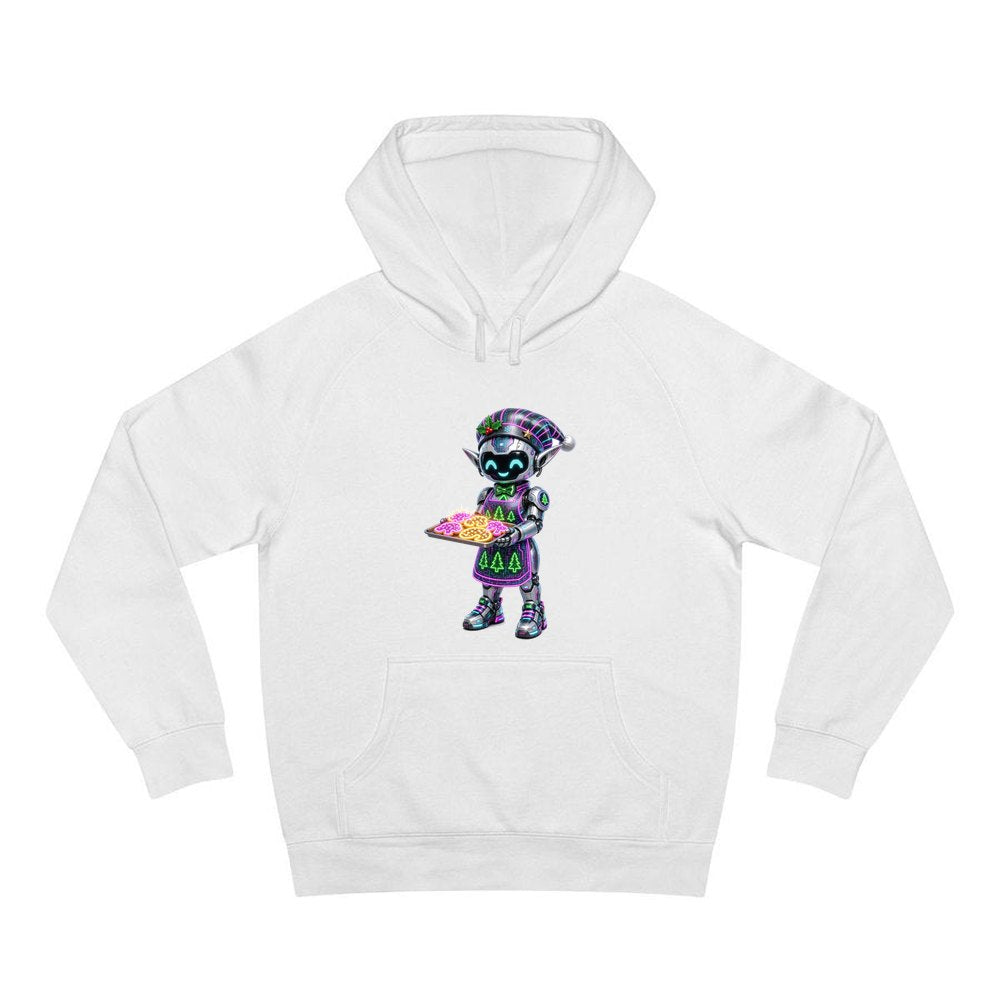 Robot Elf Baking personalised Christmas hoodie in white