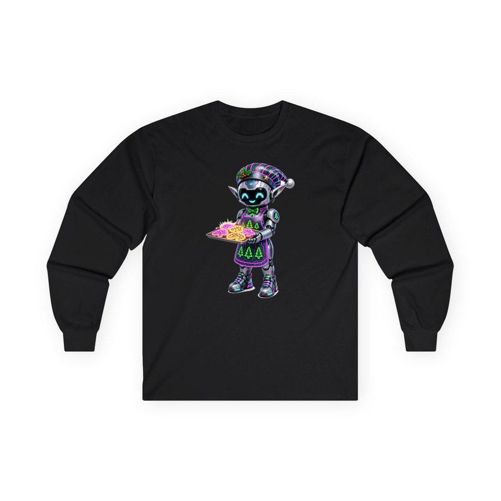 Robot Elf Baking personalised long sleeve Christmas T-shirt in black