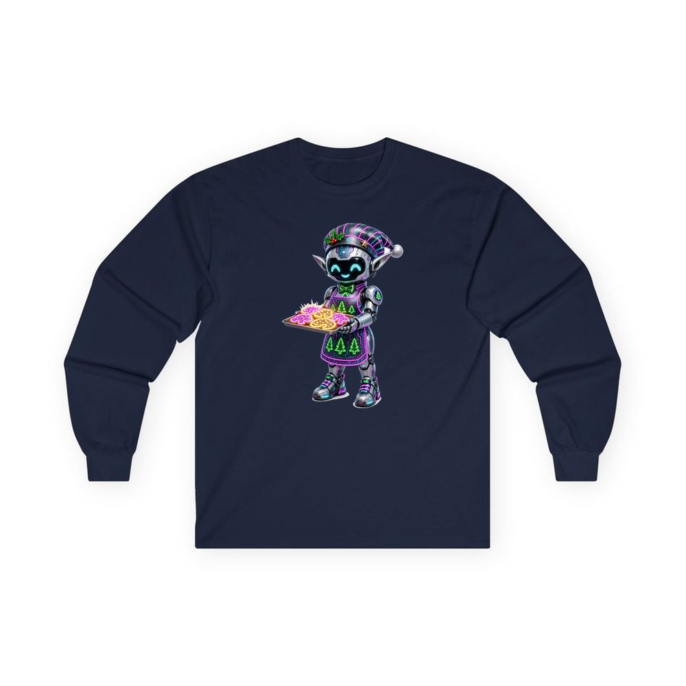 Robot Elf Baking personalised long sleeve Christmas T-shirt in navy