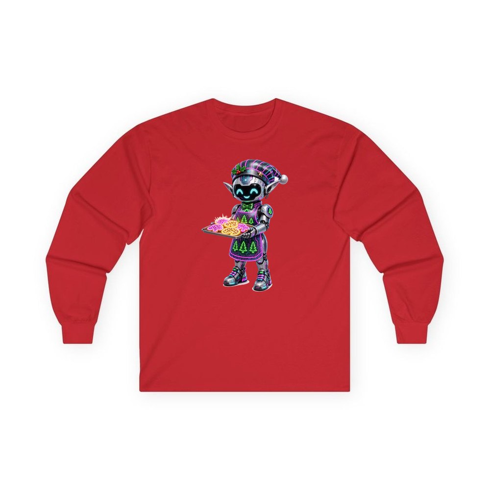 Robot Elf Baking personalised long sleeve Christmas T-shirt in red